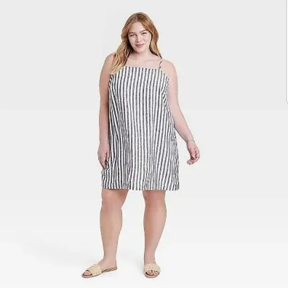 Women's Linen Dress - A New Day Blue Striped XXL